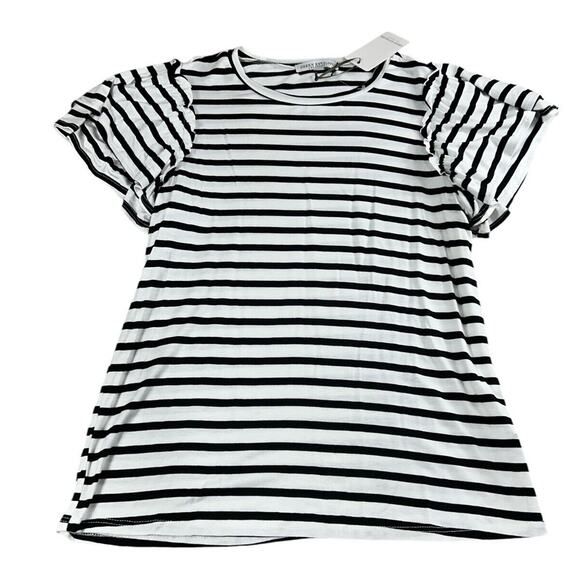 Green Envelope Black and White Striped Blouse Sz Small Flutter Short Sleeve Top - Picture 8 of 8